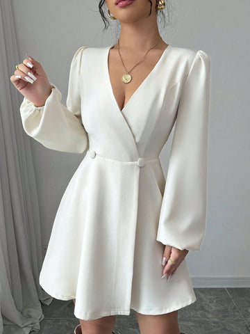 Women's Apricot Solid Color V-Neck Double-Breasted Wrap Long Sleeve Shirt Dress