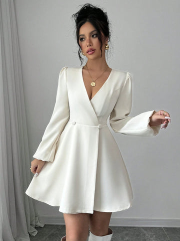 Women's Apricot Solid Color V-Neck Double-Breasted Wrap Long Sleeve Shirt Dress