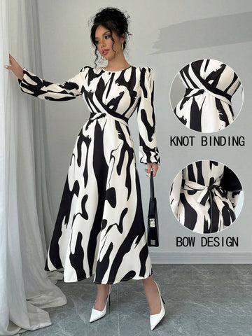 Women's Asymmetrical Print, Bow Tie, Elastic Cuff Elegance Holiday Casual Dress