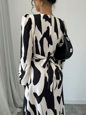 Women's Asymmetrical Print, Bow Tie, Elastic Cuff Elegance Holiday Casual Dress