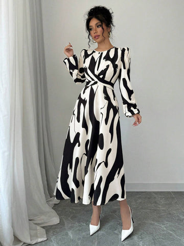 Women's Asymmetrical Print, Bow Tie, Elastic Cuff Elegance Holiday Casual Dress