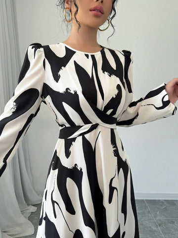Women's Asymmetrical Print, Bow Tie, Elastic Cuff Elegance Holiday Casual Dress
