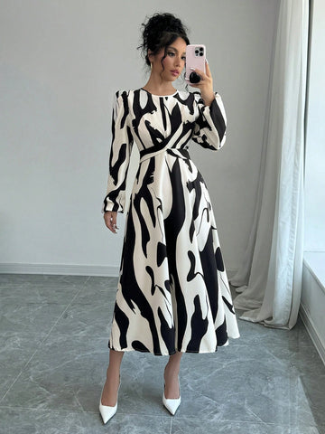 Women's Asymmetrical Print, Bow Tie, Elastic Cuff Elegance Holiday Casual Dress