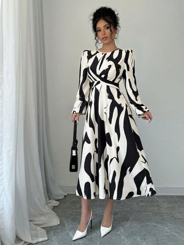 Women's Asymmetrical Print, Bow Tie, Elastic Cuff Elegance Holiday Casual Dress