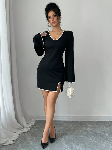 Women's Black Knitted Slim Fit Mini Dress, V-Neck Pearl Decorated Bell Sleeve Cocktail Party Elegant Sexy Short Dress, Suitable For Autumn, Winter And Spring