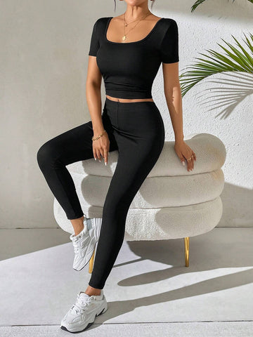 Women's Black Square Neck Short Sleeve Tight T-Shirt And High Elasticity Tight Pants Two-Piece Set