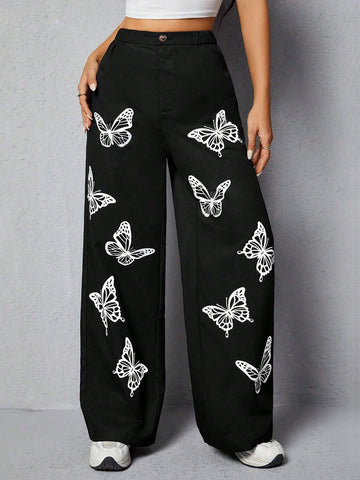PETITE Women's Butterfly Printed Loose Fit Pants