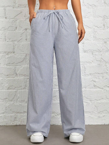 PETITE Women's Casual High Waist Gray Vertical Striped Trousers