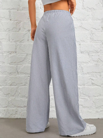 PETITE Women's Casual High Waist Gray Vertical Striped Trousers