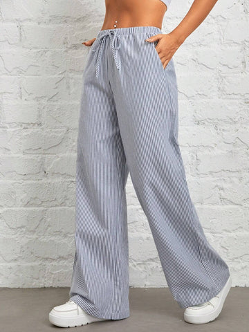 PETITE Women's Casual High Waist Gray Vertical Striped Trousers