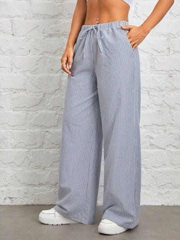 PETITE Women's Casual High Waist Gray Vertical Striped Trousers