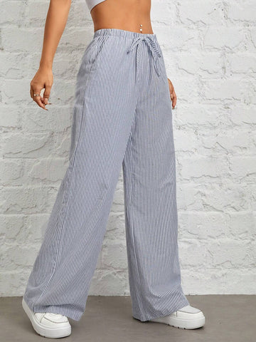 PETITE Women's Casual High Waist Gray Vertical Striped Trousers