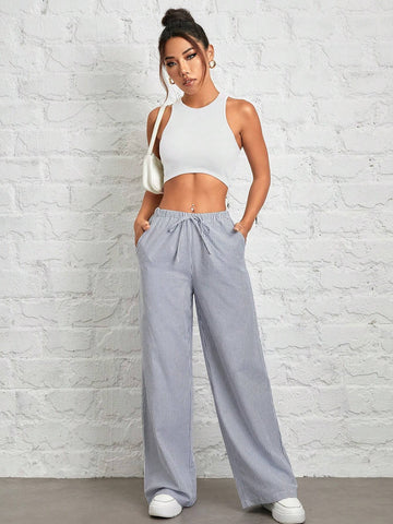 PETITE Women's Casual High Waist Gray Vertical Striped Trousers