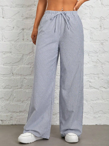 PETITE Women's Casual High Waist Gray Vertical Striped Trousers
