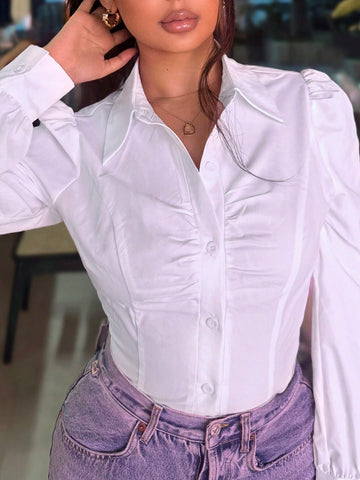 PETITE Women's Casual Ruffle Trim Collared Blouse