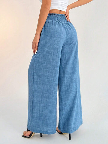 PETITE Women's Casual Vacation Waistband Blue Wide Leg Pants