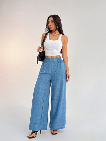 PETITE Women's Casual Vacation Waistband Blue Wide Leg Pants