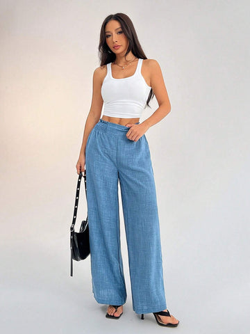 PETITE Women's Casual Vacation Waistband Blue Wide Leg Pants