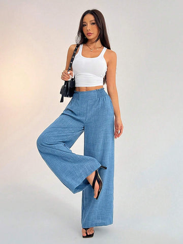 PETITE Women's Casual Vacation Waistband Blue Wide Leg Pants