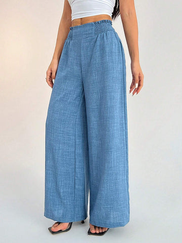 PETITE Women's Casual Vacation Waistband Blue Wide Leg Pants