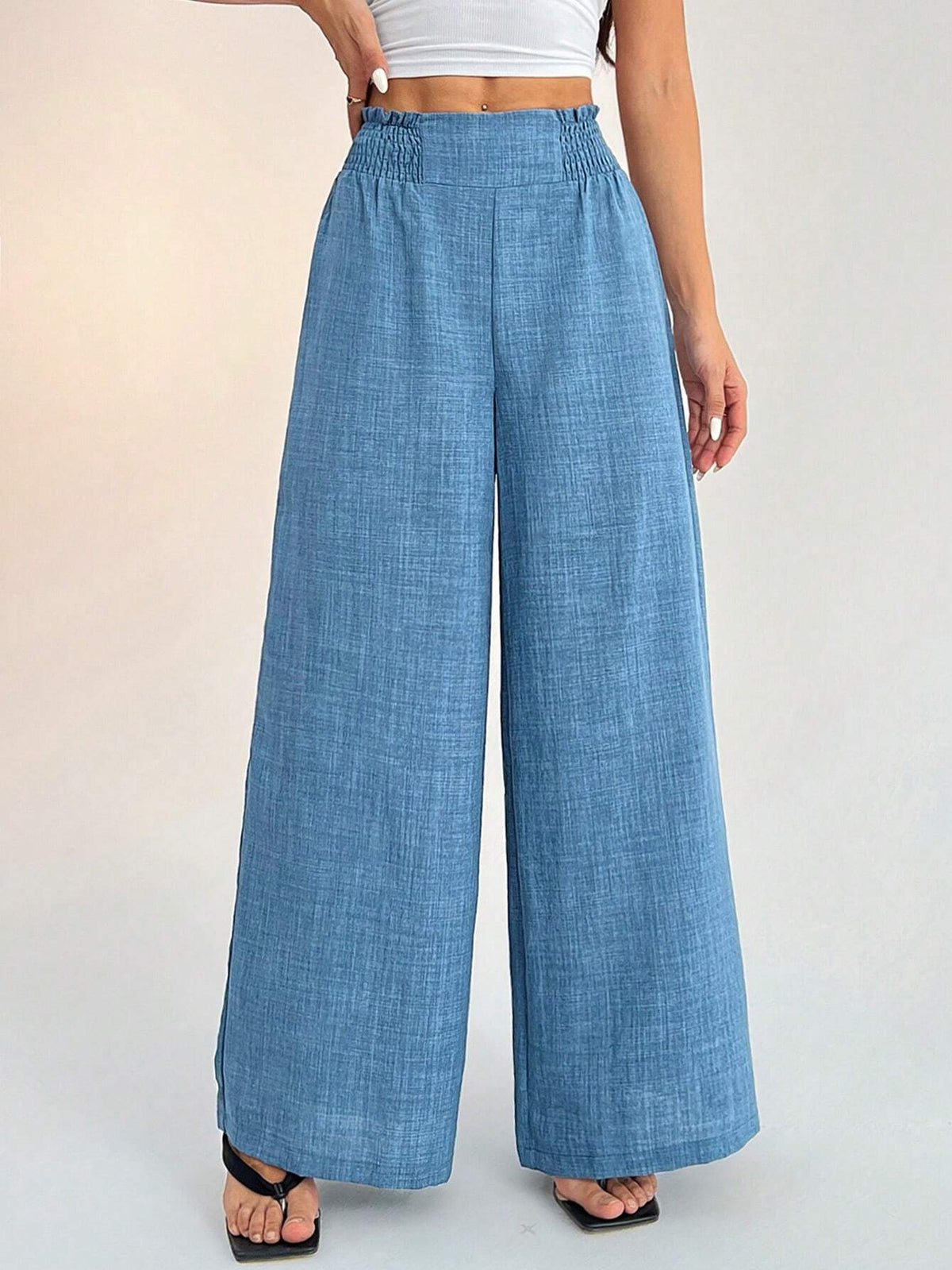 PETITE Women's Casual Vacation Waistband Blue Wide Leg Pants