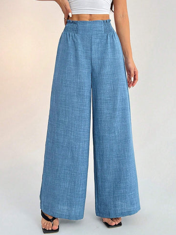 PETITE Women's Casual Vacation Waistband Blue Wide Leg Pants