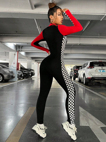 Women's Checker Pattern & Color Block Letter Print Skinny Jumpsuit With Moto Biker Style