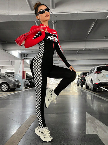 Women's Checker Pattern & Color Block Letter Print Skinny Jumpsuit With Moto Biker Style