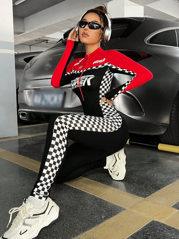 Women's Checker Pattern & Color Block Letter Print Skinny Jumpsuit With Moto Biker Style