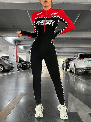 Women's Checker Pattern & Color Block Letter Print Skinny Jumpsuit With Moto Biker Style
