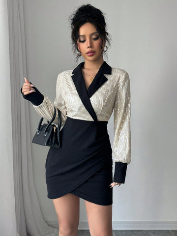 Women's Contrast Collar Patchwork 2 In 1 Waisted Slimming Sheath Mini Dress, Professional Office Chic Style