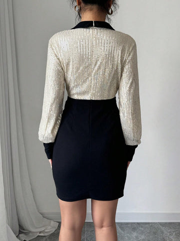 Women's Contrast Collar Patchwork 2 In 1 Waisted Slimming Sheath Mini Dress, Professional Office Chic Style