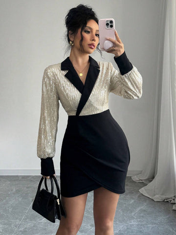 Women's Contrast Collar Patchwork 2 In 1 Waisted Slimming Sheath Mini Dress, Professional Office Chic Style
