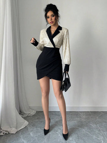 Women's Contrast Collar Patchwork 2 In 1 Waisted Slimming Sheath Mini Dress, Professional Office Chic Style