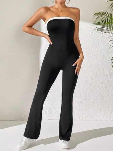 Women's Contrast Trim Bodycon Strapless Jumpsuit, Summer