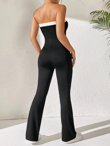 Women's Contrast Trim Bodycon Strapless Jumpsuit, Summer