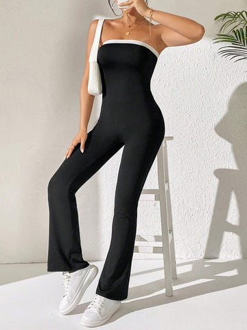 Women's Contrast Trim Bodycon Strapless Jumpsuit, Summer