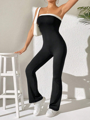 Women's Contrast Trim Bodycon Strapless Jumpsuit, Summer
