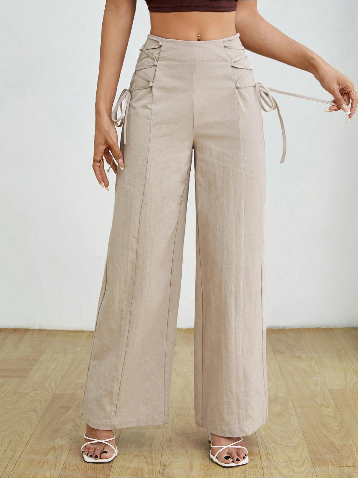 PETITE Women's Fashionable High-Waisted Khaki Wide Leg Pants With Belt