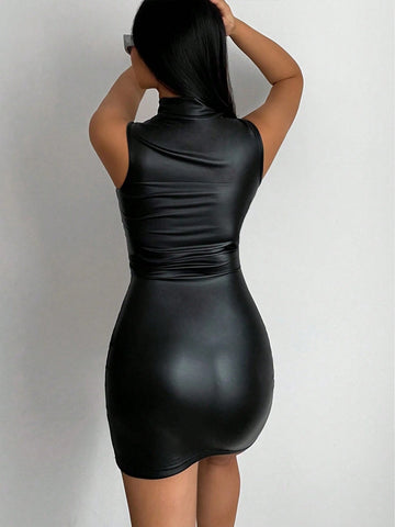 Women's Fashionable Sexy Solid Color Stand Collar Sleeveless Bodycon Mini Dress