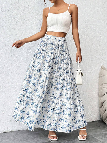 PETITE Women's Fashionable Sweet Floral Print Maxi Skirt For Summer