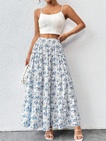 PETITE Women's Fashionable Sweet Floral Print Maxi Skirt For Summer