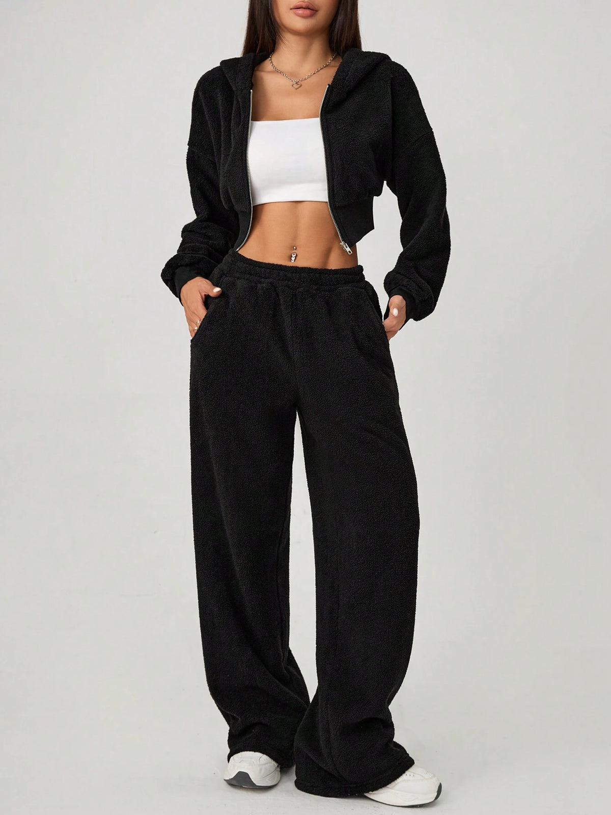 Women's Front Zip Hooded Top And Pants Furry Set