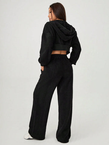 Women's Front Zip Hooded Top And Pants Furry Set