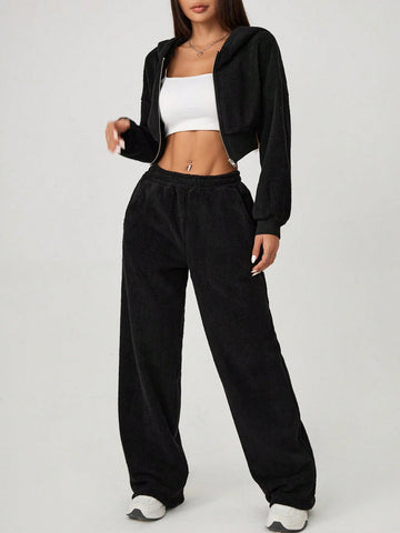 Women's Front Zip Hooded Top And Pants Furry Set