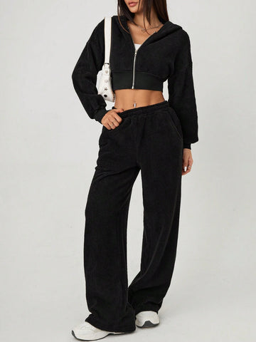 Women's Front Zip Hooded Top And Pants Furry Set