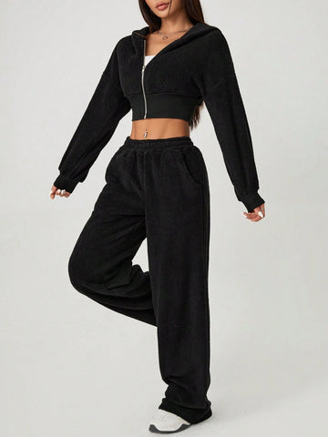 Women's Front Zip Hooded Top And Pants Furry Set