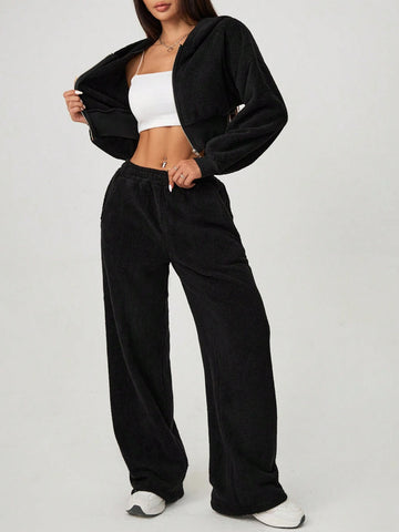 Women's Front Zip Hooded Top And Pants Furry Set