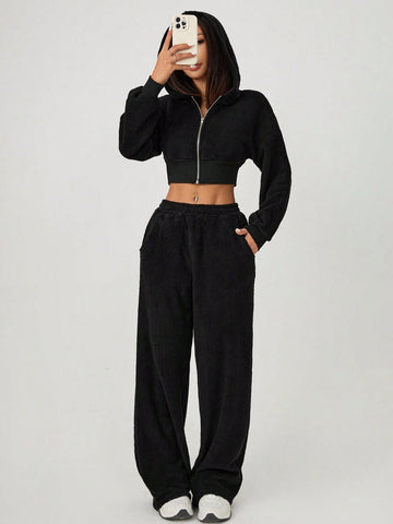 Women's Front Zip Hooded Top And Pants Furry Set