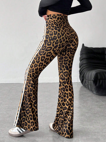PETITE Women's High-Waisted Side Stripe & Leopard Print Flared Leg Pants